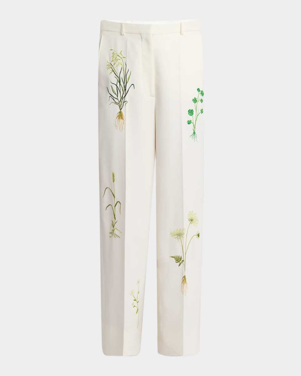 Floral Embroidered Loose Wool Pants